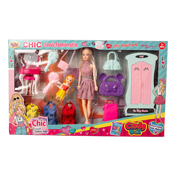 Cindy Makyaj Masalı Dolaplı Oyun Seti Pembe Elbiseli