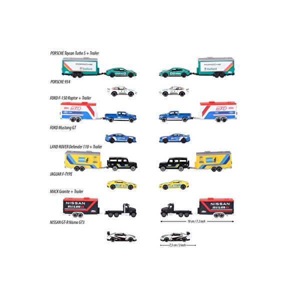 Majorette Car Trailer Ford 1:64 Lisanslı Metal Araç Seti Porsche Taycan Turbo S+ Porsche 934