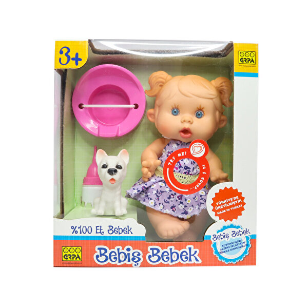 Altını Islatan Bebiş Bebek ve Minik Arkadaşı Mor Çiçekli Elbiseli