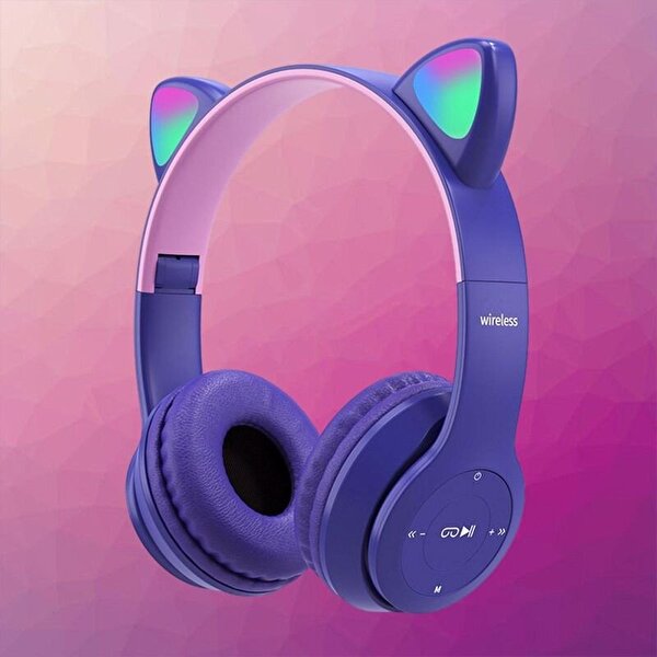 Kedi Tasarımlı Katlanabilir Led Işıklı Kulaklık Mor