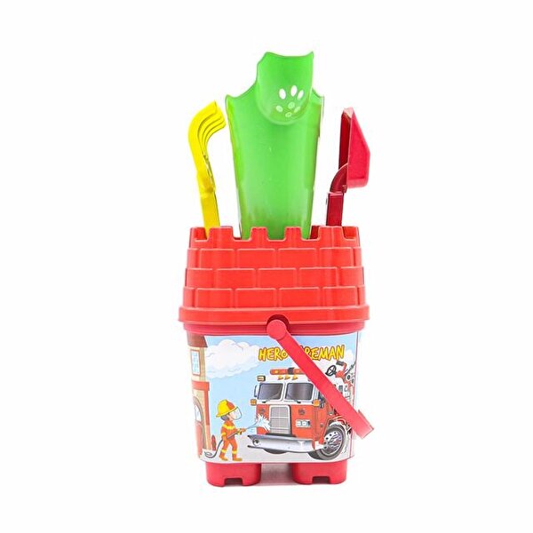 Resimli Kırmızı Kapaklı Yeşil Suluklu Kale Kova Seti