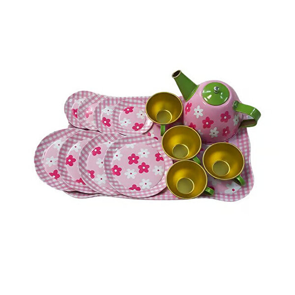 Pembe Çiçek Desenli Metal Çay Seti