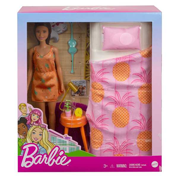 Pijamalı Barbie Bebek ve Yatak Odası Oyun Seti GRG86