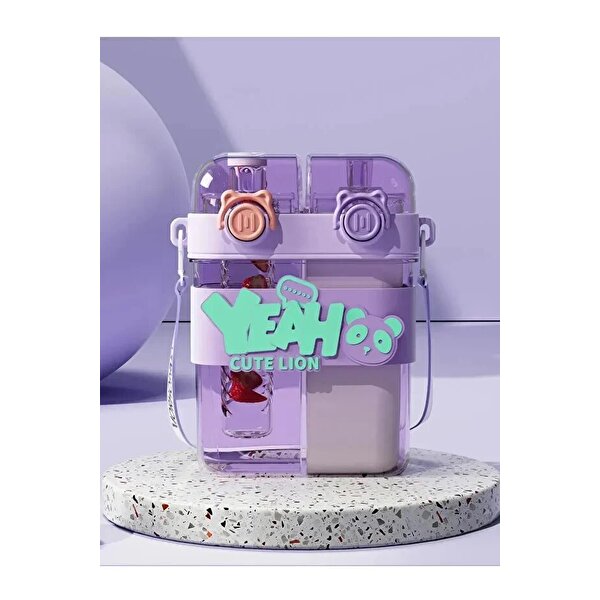 Yeah Askılı Çift Hazneli Çift Kapaklı Matara Mor