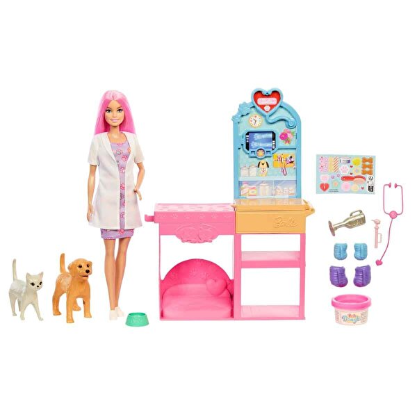 Barbie'nin Veteriner Kliniği Bebek ve Aksesuarlar Oyun Seti JFX93