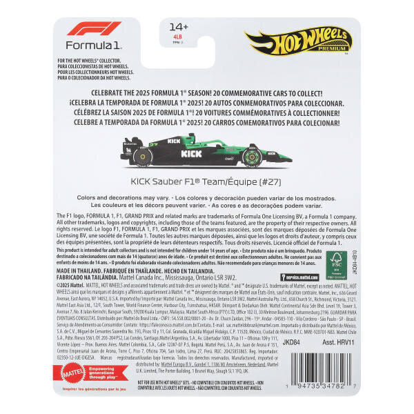 Hot Wheels Premium Formula 1 Yarış Arabası Kick Sauber 2026 JKD84