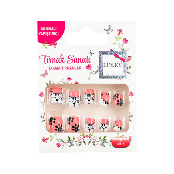 Lukky Kedi Baskılı Yapışkanlı Takma Tırnak Seti