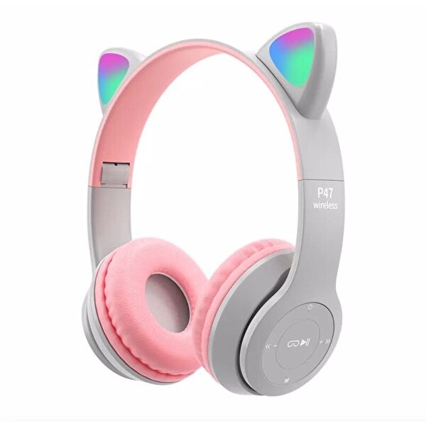 Kedi Tasarımlı Katlanabilir Led Işıklı Kulaklık Gri Pembe