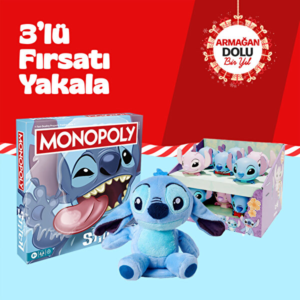 Stitch Yılbaşı Özel Seti Peluş, Sürpriz Paket ve Monopoly Oyun Seti