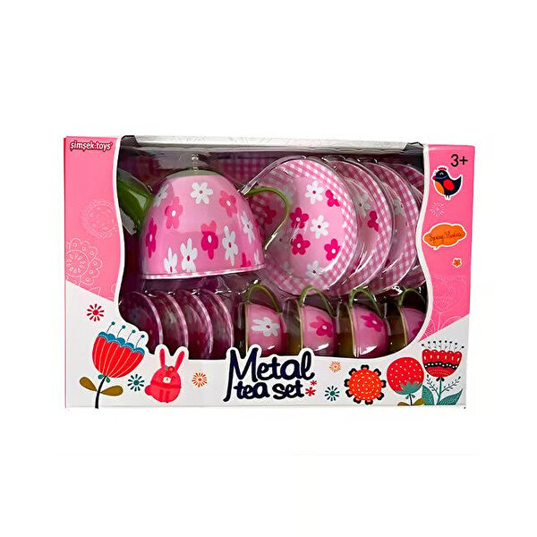 Pembe Çiçek Desenli Metal Çay Seti