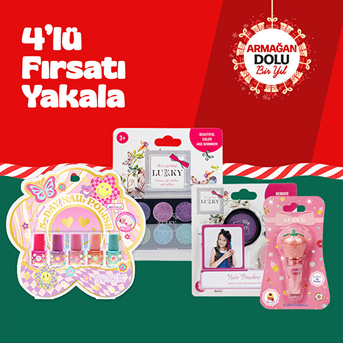 4’lü Yılbaşı Kozmetik Seti: Göz Farı, Dudak Parlatıcısı, Oje ve Saç Tebeşir Seti