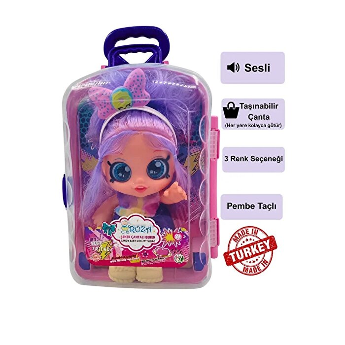 Sesli ve Taşınabilir Çantalı Şeker Kız Roza Bebek