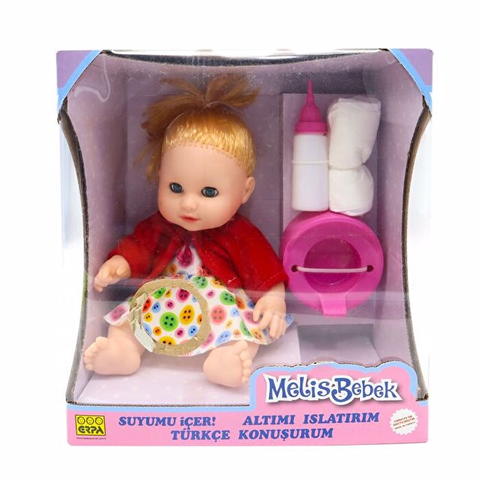 Melis Altını Islatan Sesli Bebeğim Kırmızı Hırkalı Beyaz Elbiseli