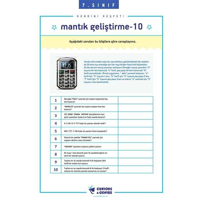 7.Sınıf - Bilişsel Beceriler Geliştirme Aktiviteleri Seti (A-B-C seri)