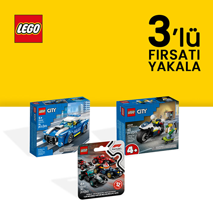 LEGO City Polis Macera 3’lü Özel Set Paket (Polis Araba + Polis Motosikletli Kovalamaca + Mini Formula Yarış Aracı)