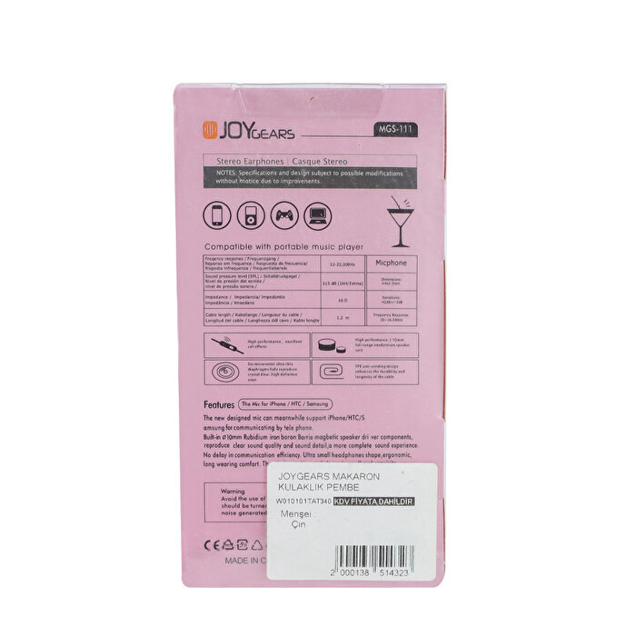 Joygears Makaron Kulaklık Pembe