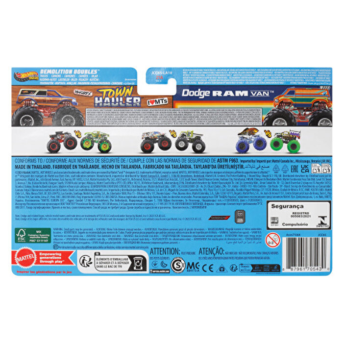 Hot Wheels Monster Trucks Güçlü İkili 1:64 Arabalar Town Hauler ve Dodge Ram Van JCC65