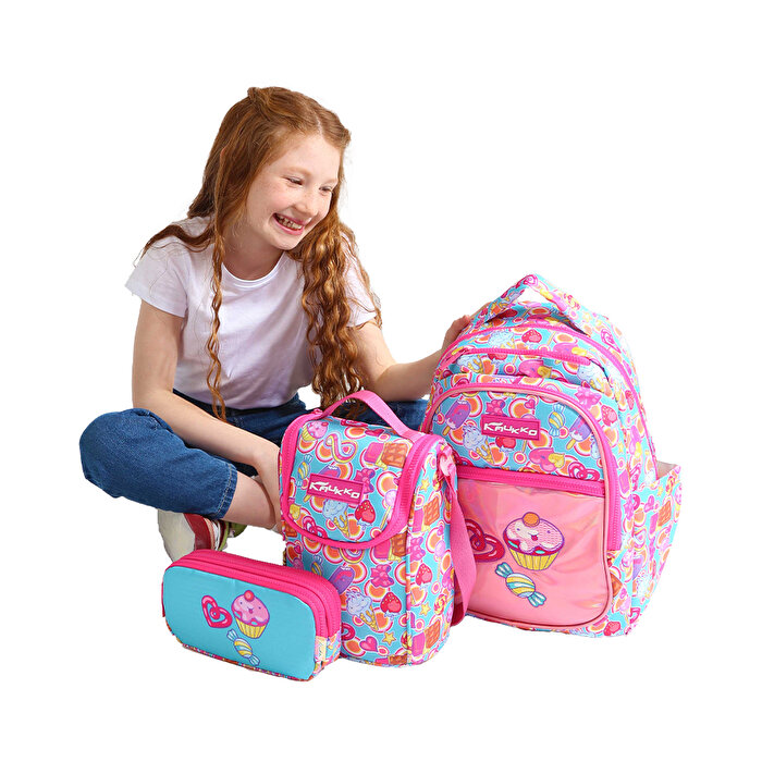 Kaukko Kids Aynalı Nakışlı Cupcake Pembe Okul Çantası