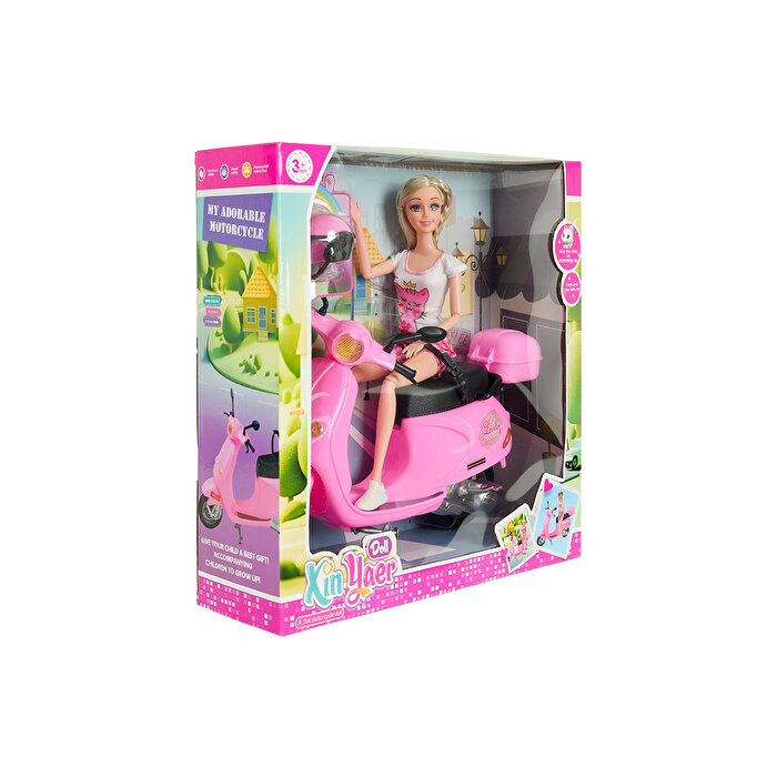 Pembe Motosiklet ve Kasklı Uzun Saçlı Bebek